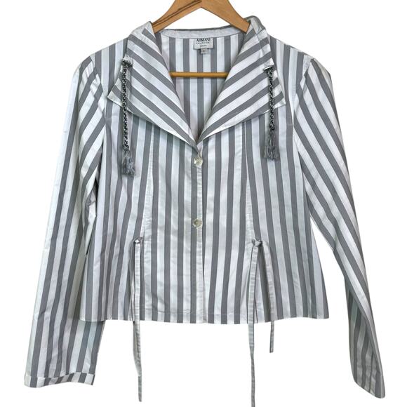 Armani Collezioni Made in Italy Size 6 Gray White Striped Tassel Cropped Jacket - Picture 1 of 9